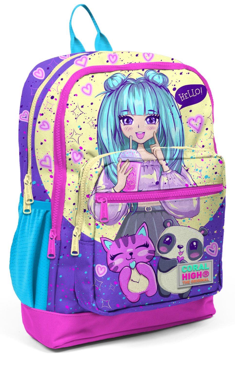 Coral High Pembe Mor Anime İlkokul ve Günlük Sırt Çantası - Kız Çocuk