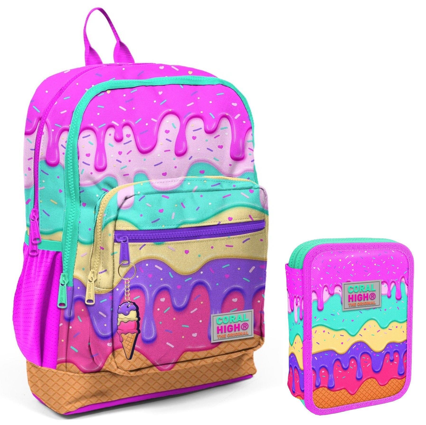 Coral High Pembe Mor Dondurma Kız Çocuk Okul Çantası ve Organizer Kalemlik Seti