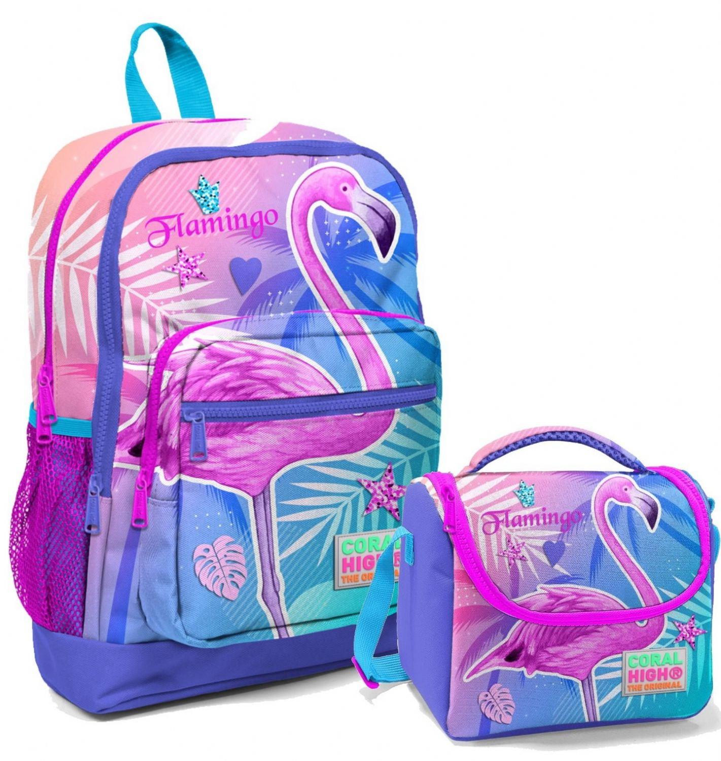 Coral High Pembe Mor Flamingo İlköğretim Okul Sırt Çantası ve Beslenme Çanta Seti - Kız Çocuk