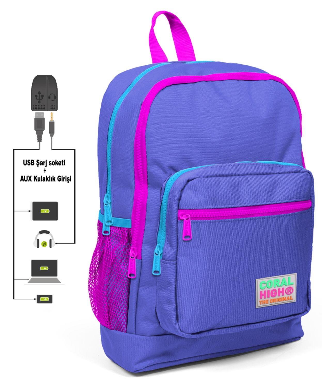 Coral High Pembe-Mor İlkokul ve Günlük Sırt Çantası - USB ve AUX Soketli