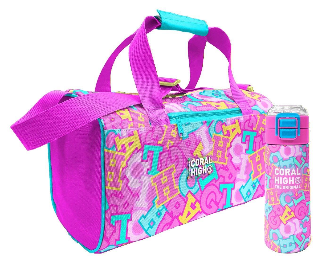 Coral High Pembe Su Yeşili Harf Baskılı Kız Çocuk Spor Çantası ve 500 ml Çelik Matara Seti 27551