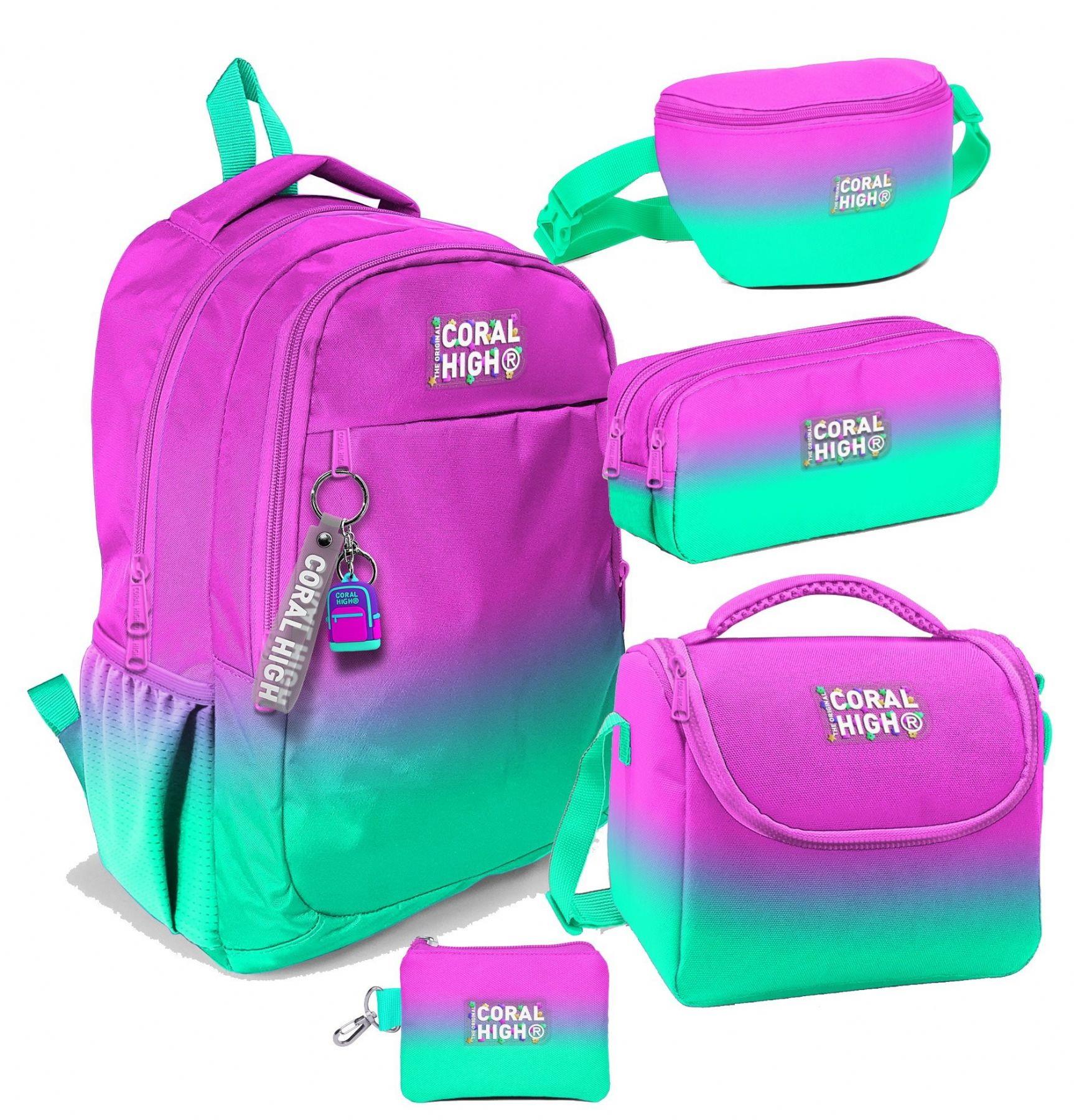Coral High Pembe Su Yeşili Renk Geçişli Desenli Kız Çocuk Beşli Okul Çanta Seti - İlkokul ve Ortaokul İçin Uygun