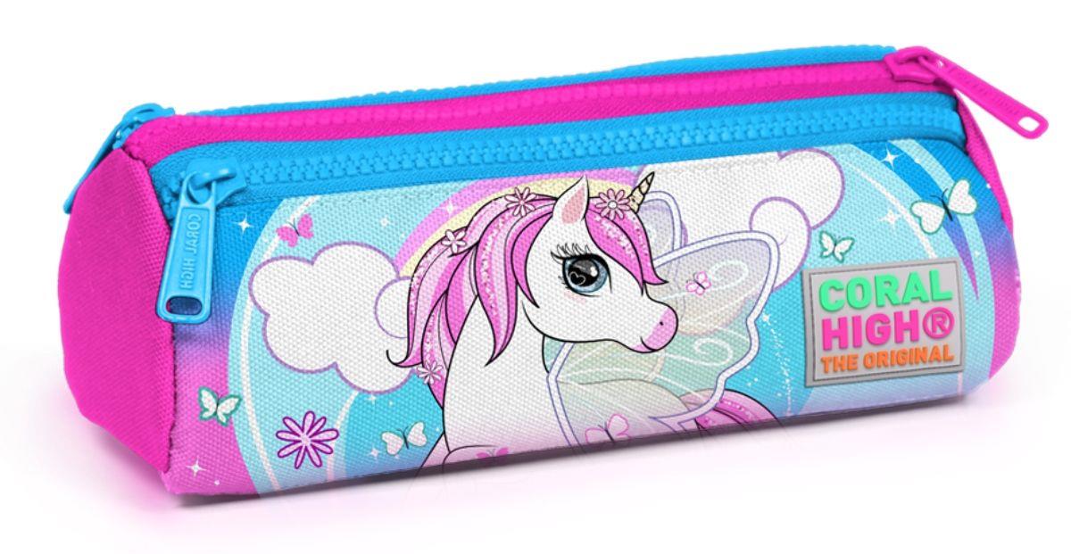 Coral High Pembe Unicorn Baskılı Üç Bölmeli Kalem Çantası -Kız Çocuk