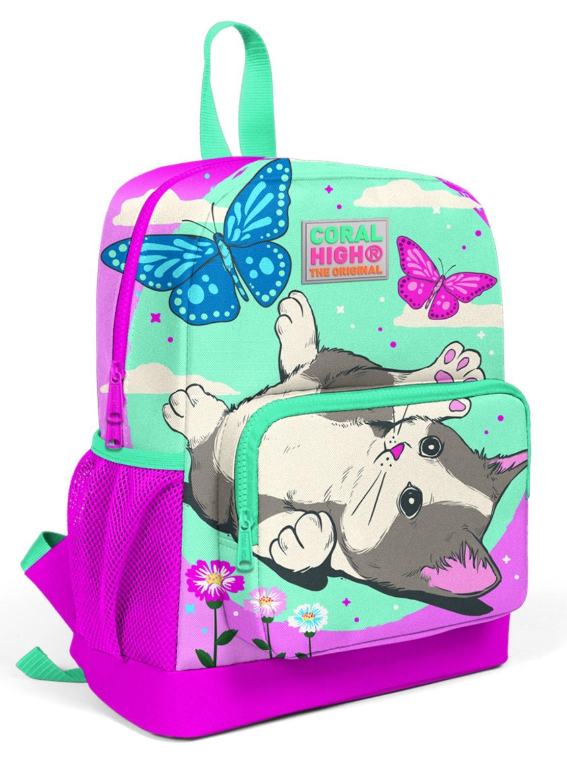 Coral High Pembe-Yeşil Kedi Baskılı Anaokul ve İlkokul 1.Sınıf Okul Çantası - Kız