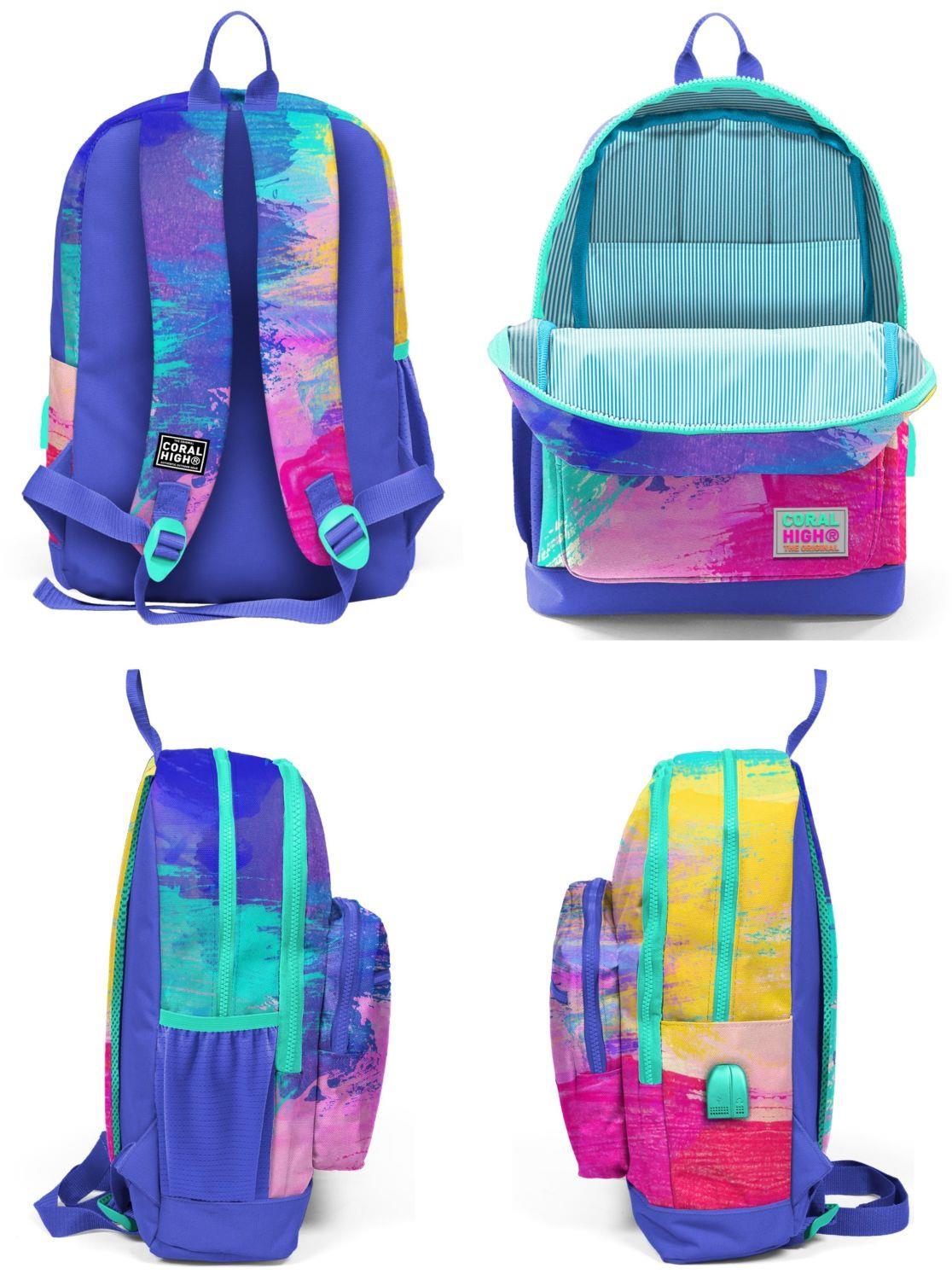 Coral High Renkli Airbrush USB Soketli Okul Çantası ve Kalemlik Seti - Kız Çocuk