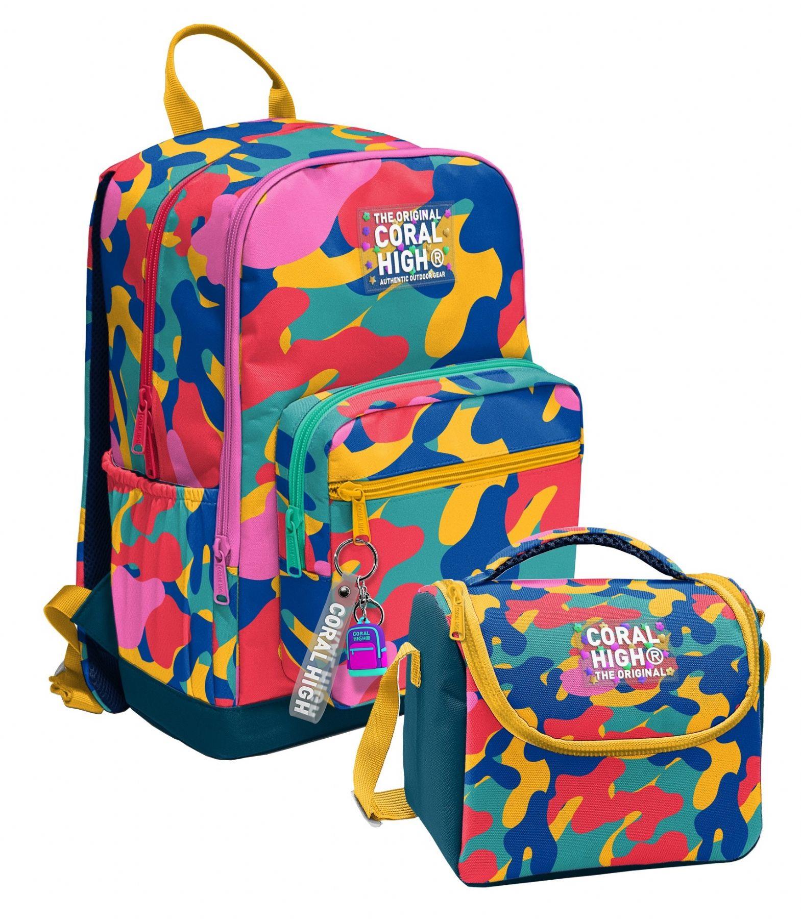 Coral High Renkli Kamuflaj Desenli (Unisex) Okul Sırt ve Beslenme Çantası Seti - SETYGN33232B