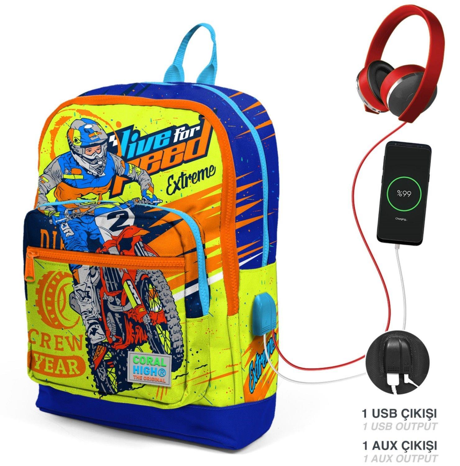 Coral High Sarı Mavi Motorsiklet USB Soketli Üçlü İlkokul Çanta Seti - Erkek Çocuk