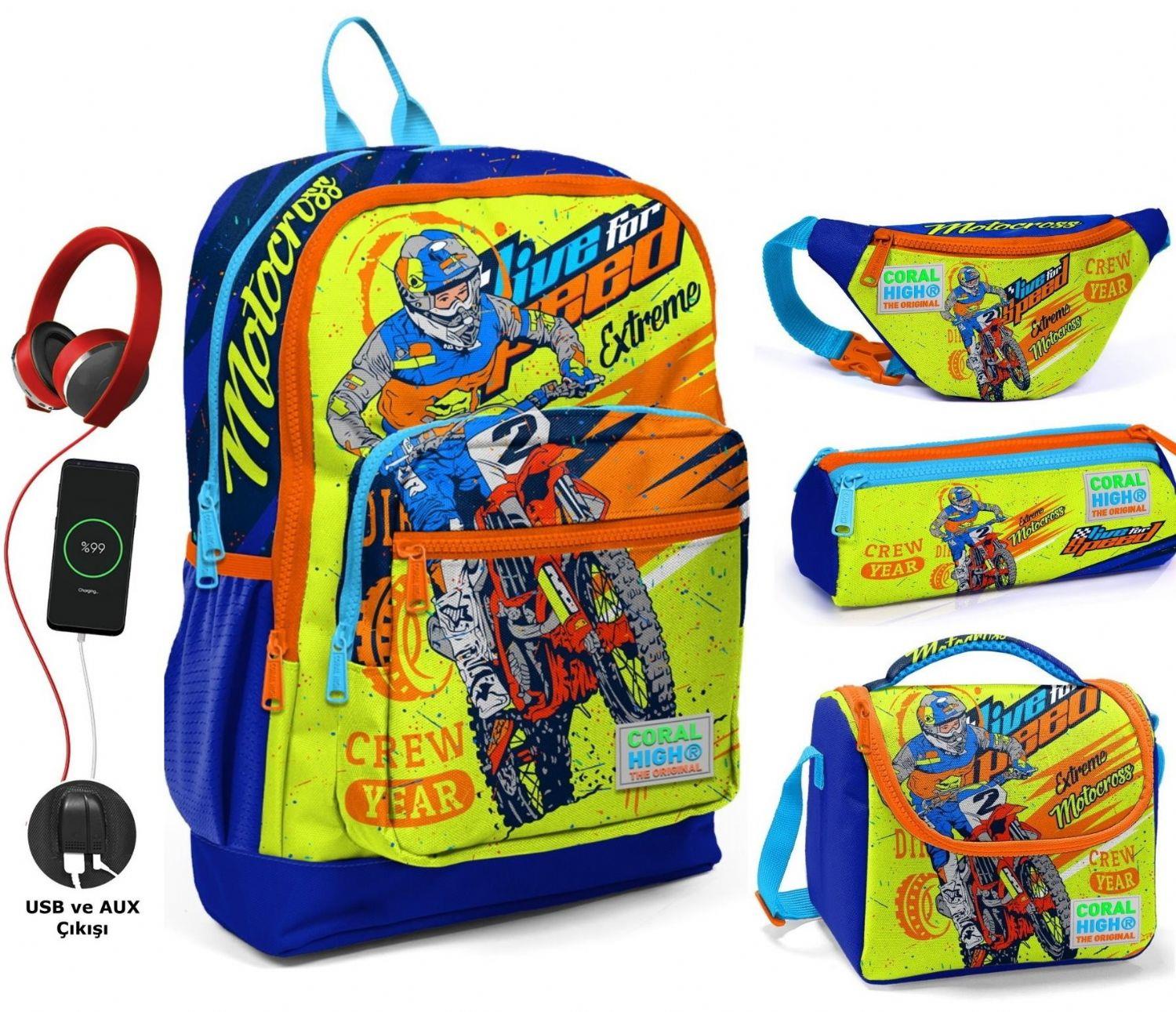 Coral High Sarı Mavi Motorsiklet USB Soketli Okul Çanta Seti ve Bel Çantası - Erkek Çocuk