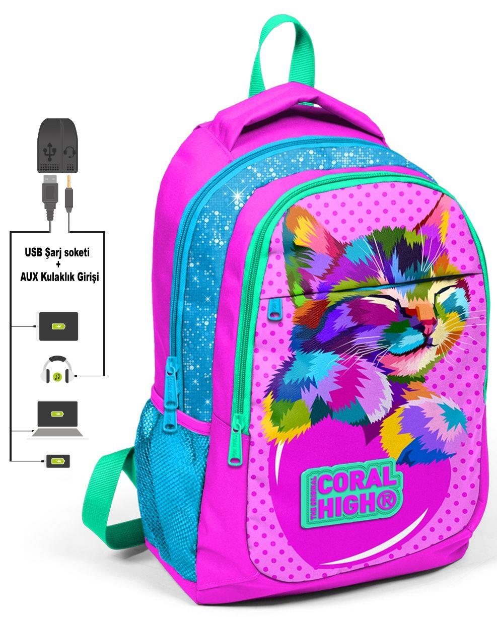 Coral High Sevimli Kedi Baskılı İlkokul Sırt Çantası ve Kalemlik Seti - Kız Çocuk