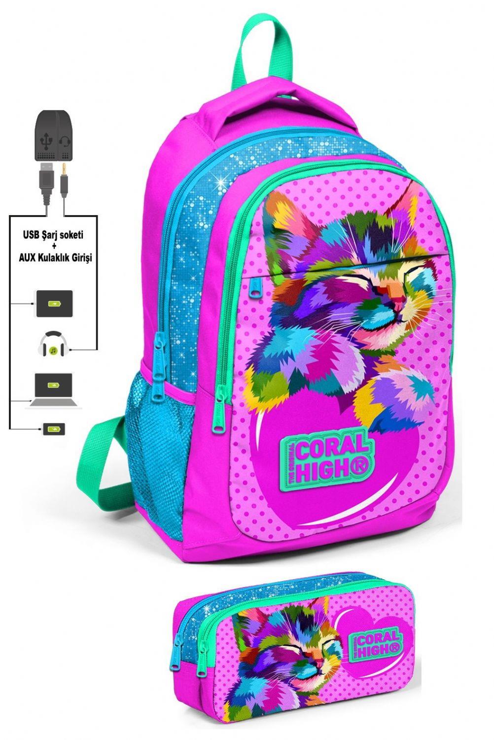 Coral High Sevimli Kedi Baskılı İlkokul Sırt Çantası ve Kalemlik Seti - Kız Çocuk