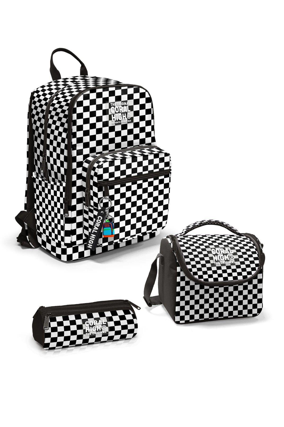 Coral High Siyah Beyaz Dama Desenli 3'lü Okul Çanta Seti SET0123677 - Kız