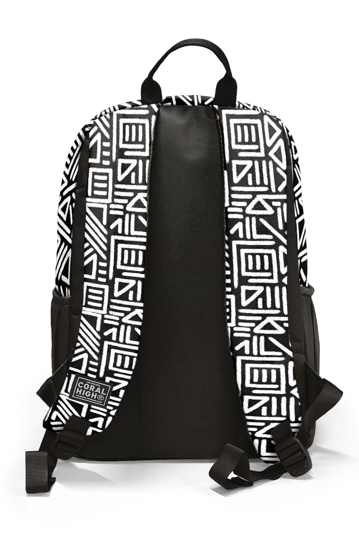Coral High Siyah Beyaz Geomatrik Desenli 3'lü Okul Çanta Seti SET0123682 - Erkek