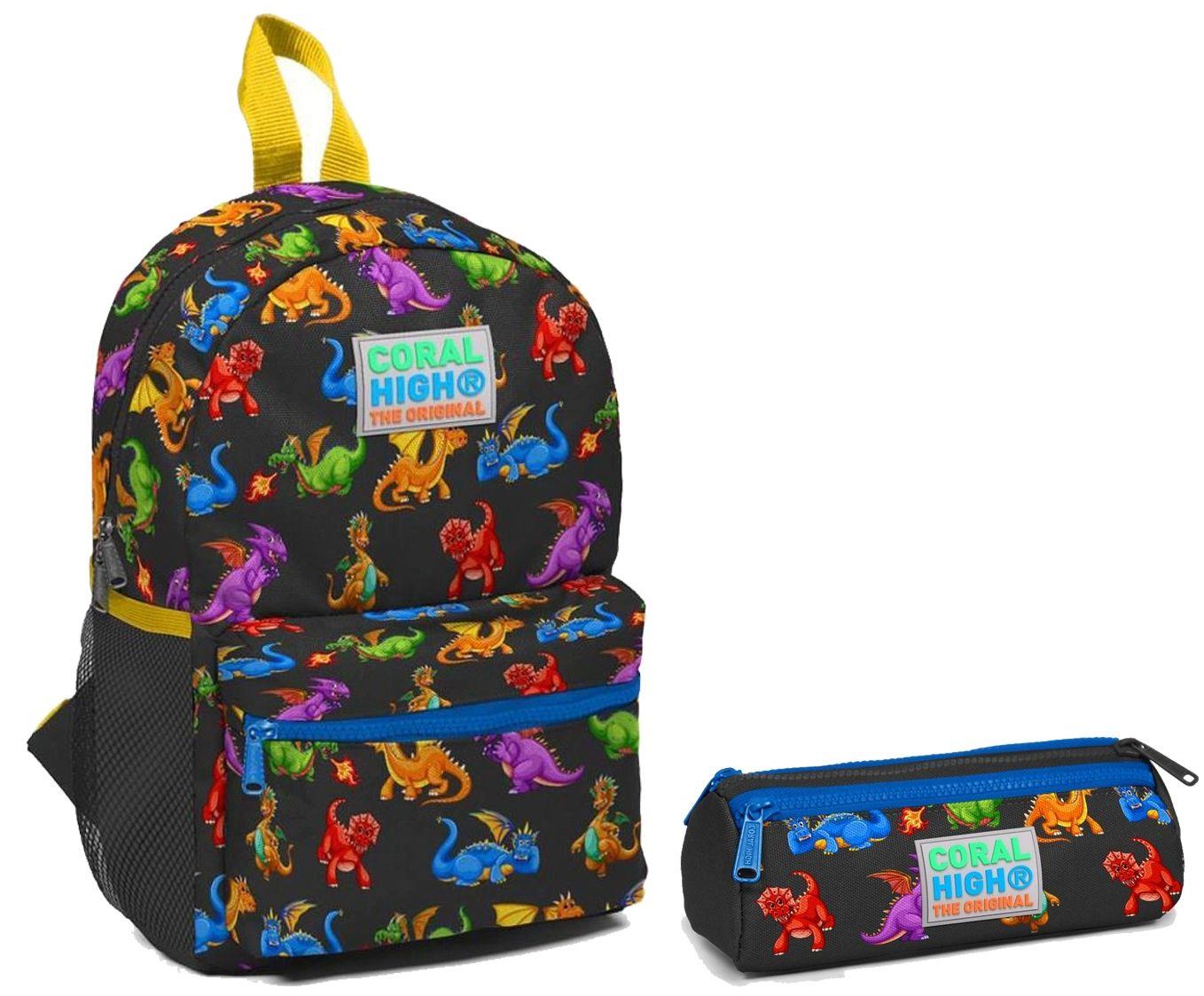 Coral High Siyah Dinazor Baskılı Yuva ve Anaokulu Çanta Seti