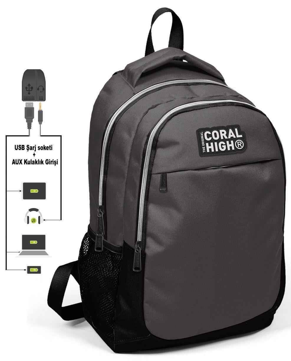 Coral High Siyah-Gri 3'lü Çanta Takımı - USB Soketli - Erkek Çocuk