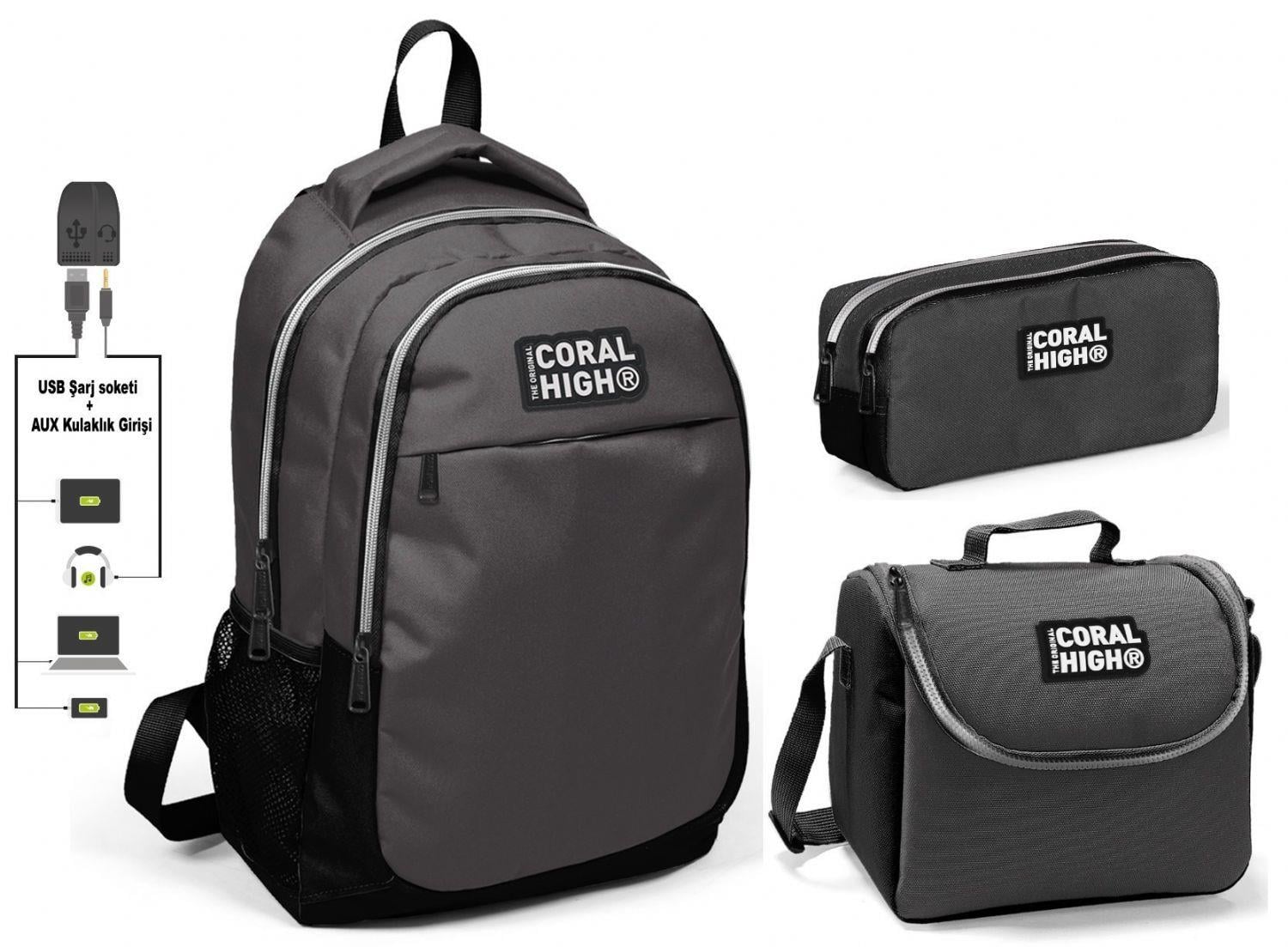 Coral High Siyah-Gri 3'lü Çanta Takımı - USB Soketli - Erkek Çocuk