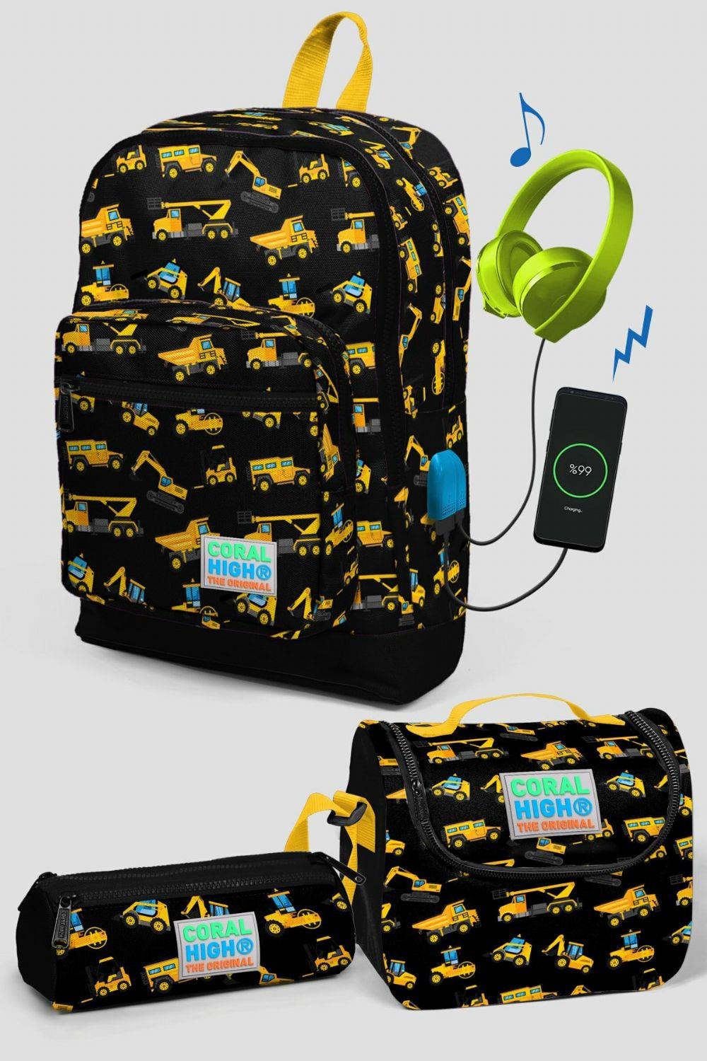 Coral High Siyah İş Makine Desenli Okul Çanta Seti - Erkek Çocuk