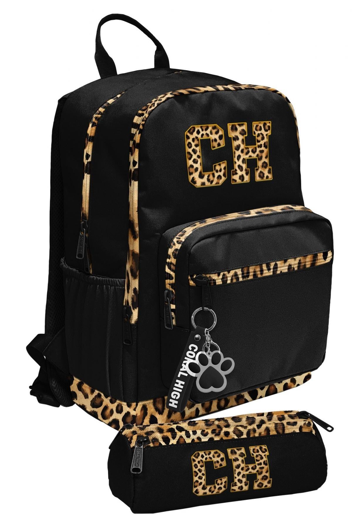 Coral High Siyah Kahverengi Leopar CH Desenli İlk ve Ortaokul Sırt Çantası ve Kalemlik Seti Kız - SETYGN33228C