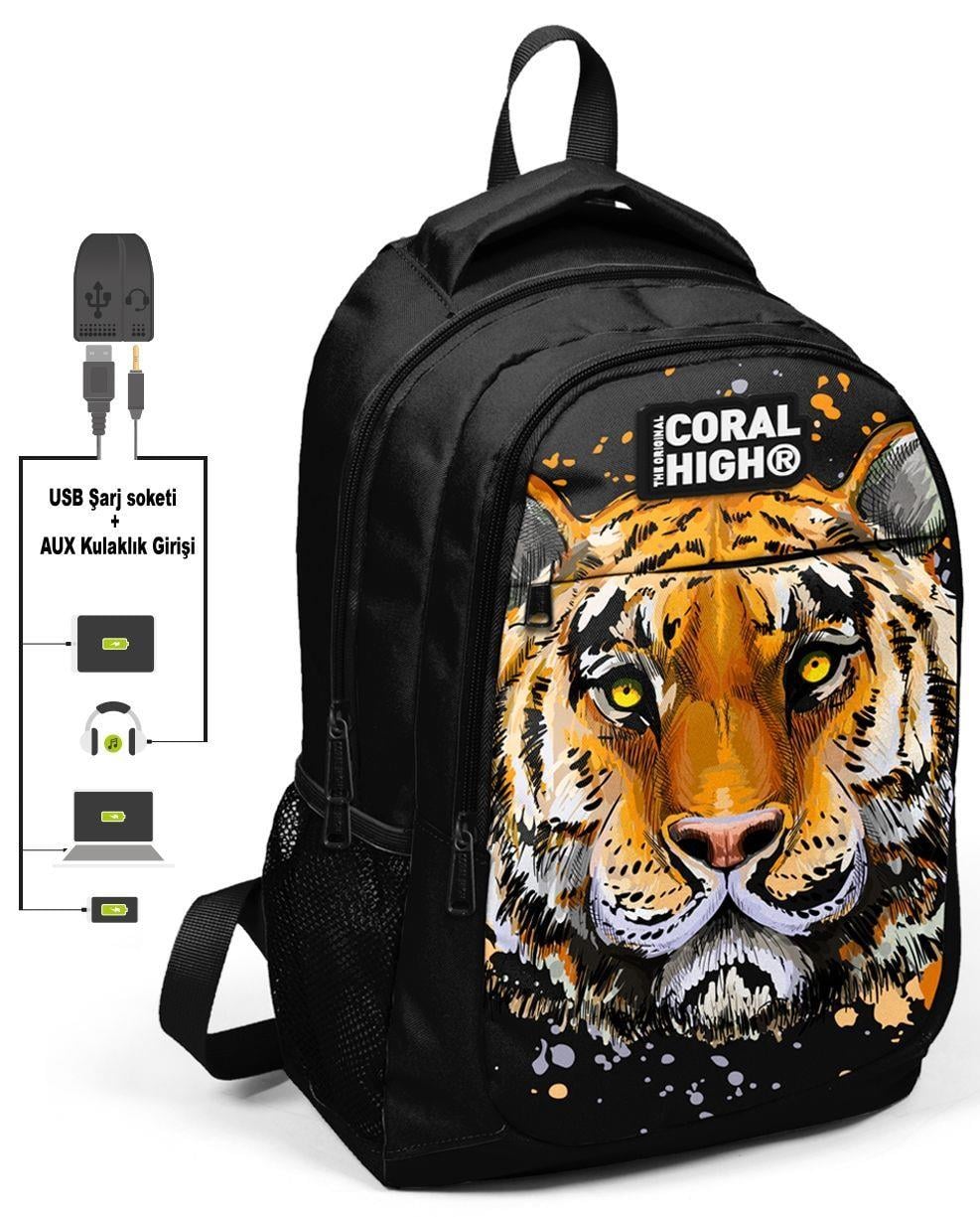 Coral High Siyah Kaplan Baskılı Okul ve Beslenme Çantası - Erkek Çocuk  - USB Soketli