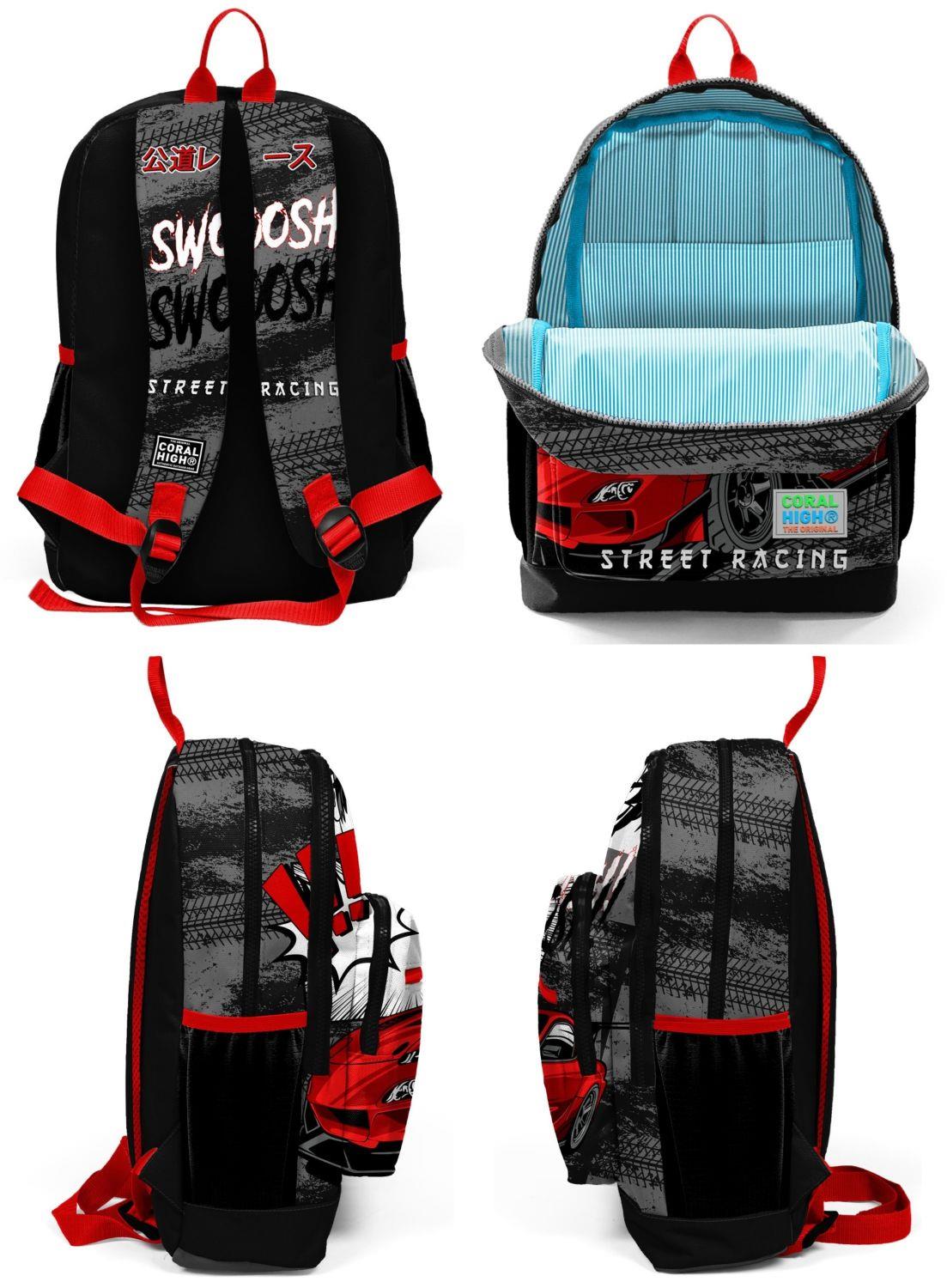 Coral High Siyah Kırmızı Araba İlkokul Sırt Çantası ve Kalemlik Seti - Erkek Çocuk