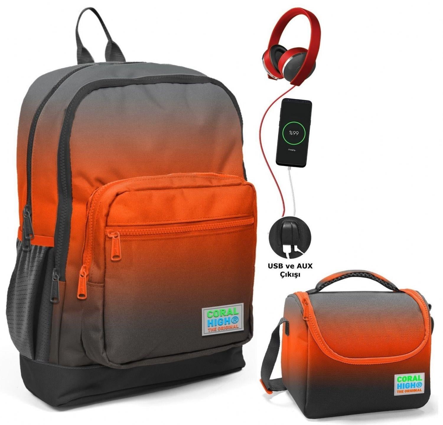 Coral High Siyah Turuncu Gradyan Okul ve Beslenme Çantası Seti - Usb Soketli - Erkek Çocuk