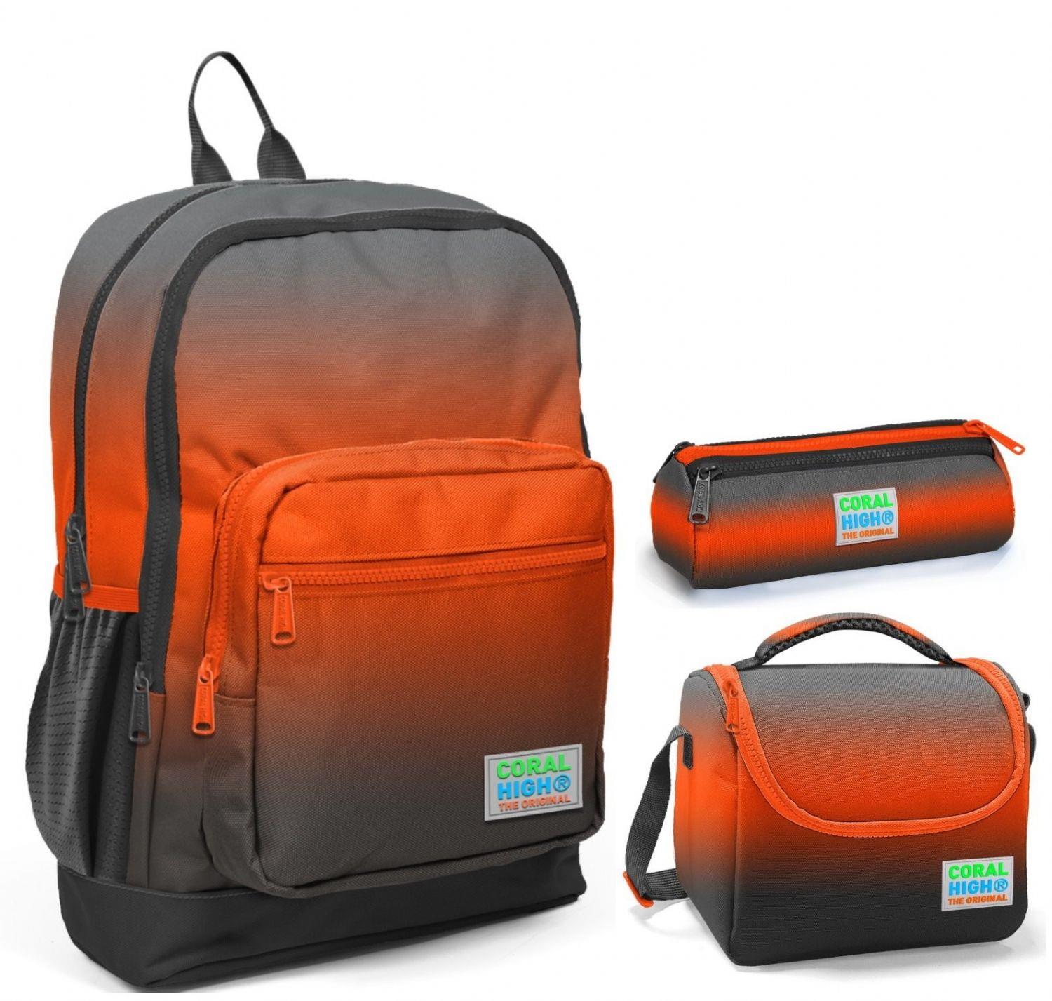 Coral High Siyah Turuncu Gradyan Üçlü İlkokul Okul Çanta Seti