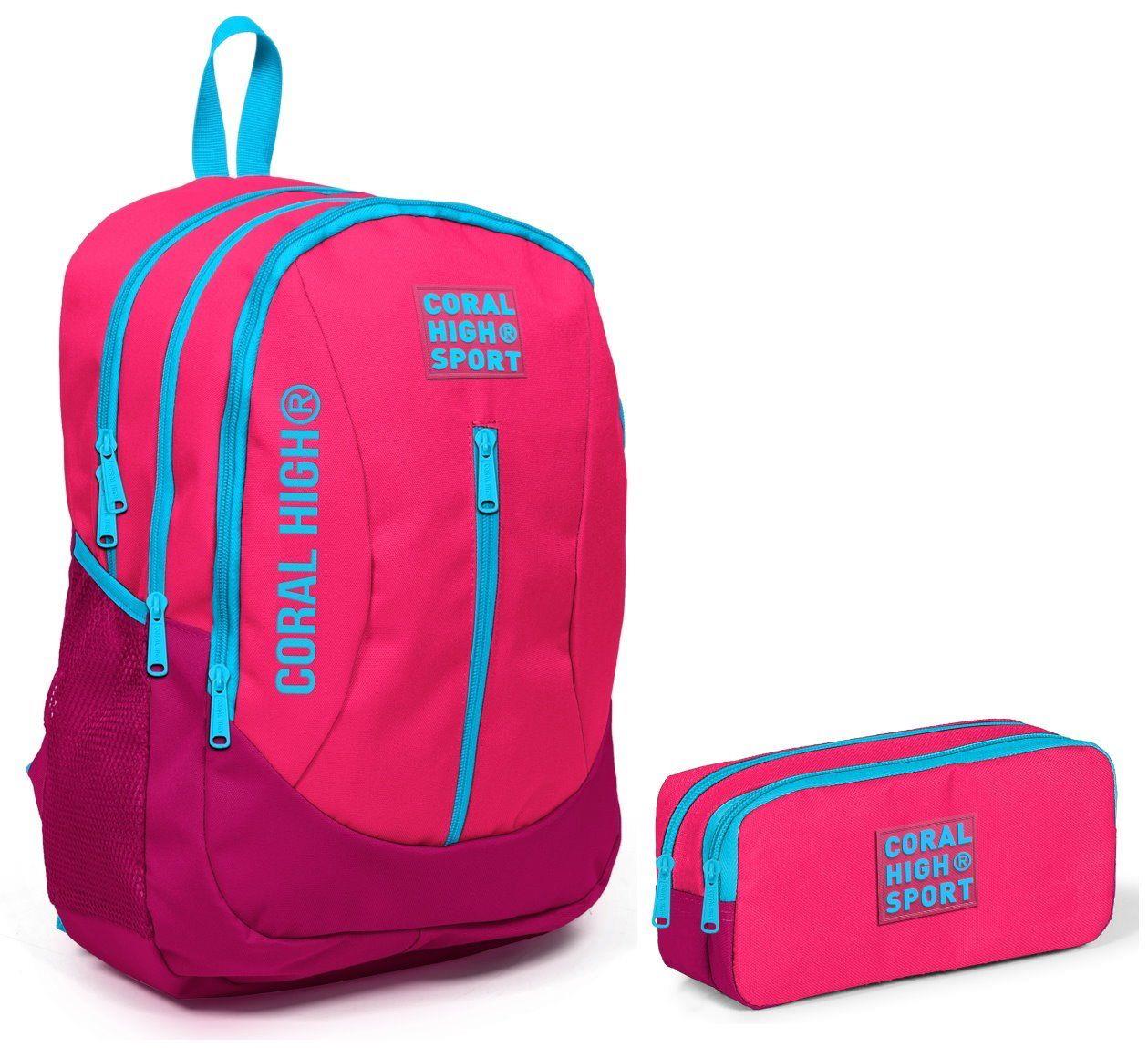 Coral High Sport Pembe Kırmızı Okul Çantası ve Kalemlik Seti - USB Soketli