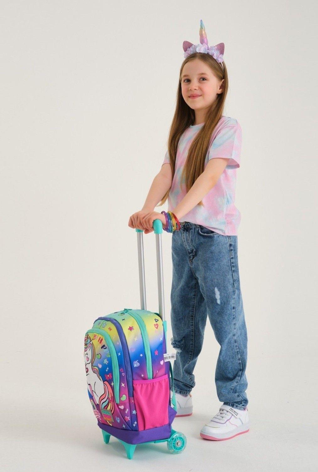 Coral High Su Yeşili Lavanta Unicorn Çekçek Okul Çantası Seti - Işıklı Tekerlekler - Kız Çocuk