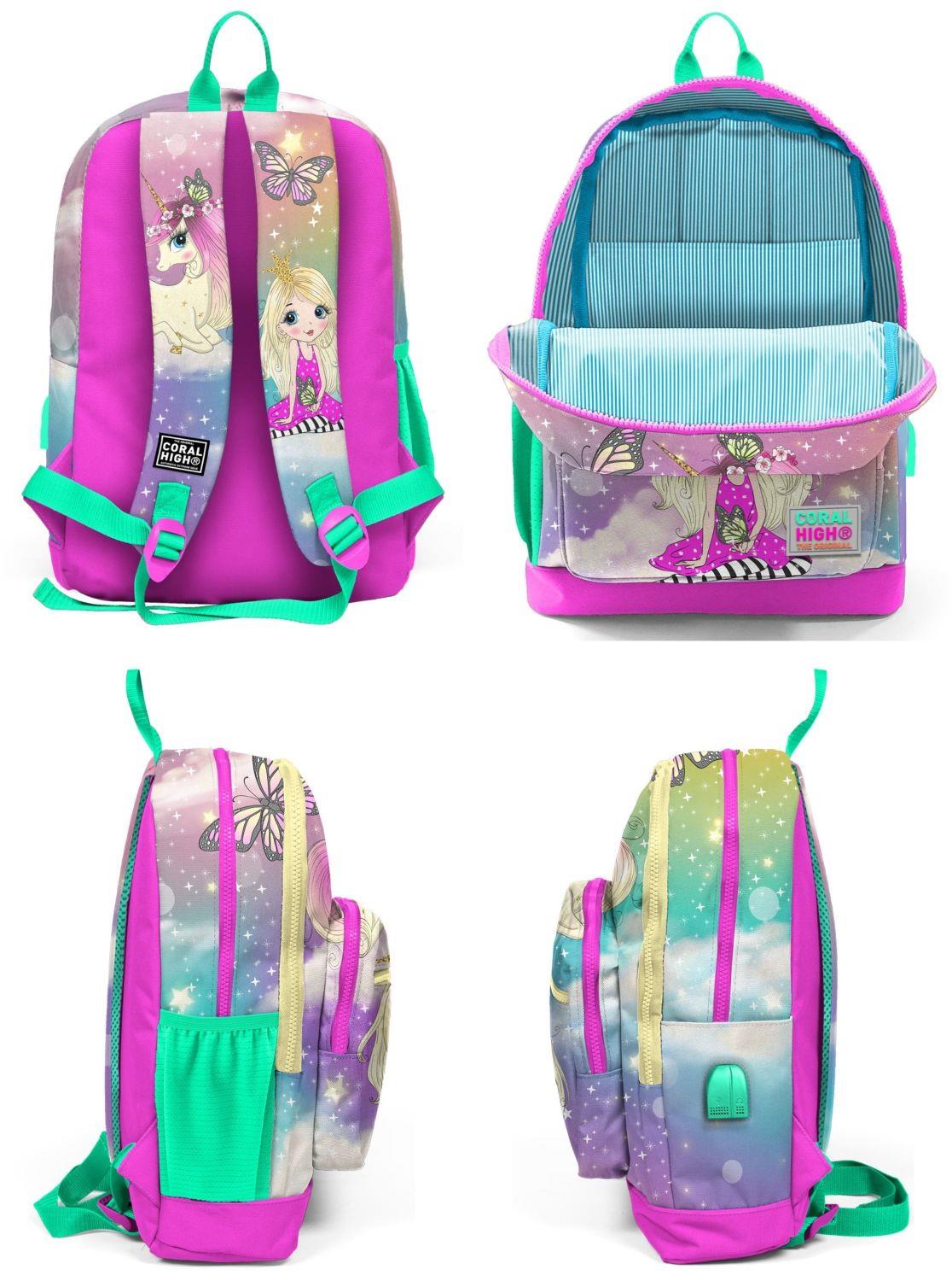 Coral High Su Yeşili Unicorn USB Soketli Okul Çanta Seti ve Bel Çantası - Kız Çocuk