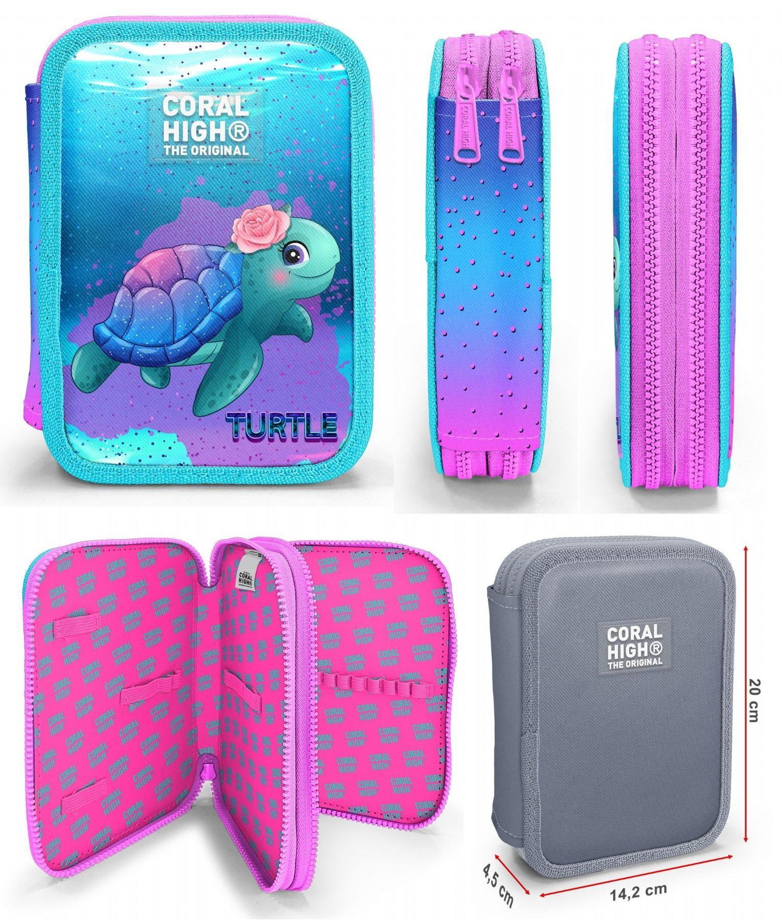 Coral High Turkuaz Pembe Kaplumbağa Kız Çocuk Okul Çantası ve Organizer Kalemlik Seti 23497+11134