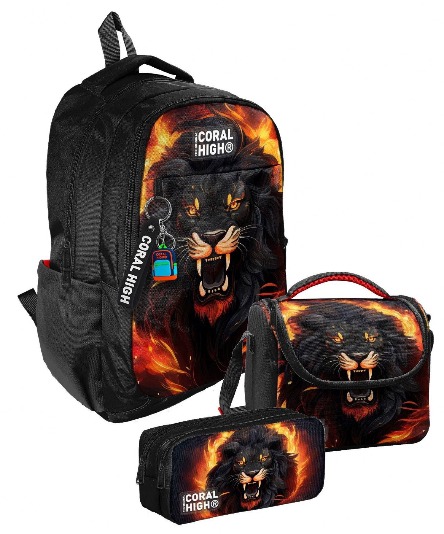 Coral High Üç Bölmeli Erkek Çocuk, Siyah Kükreyen Aslan, İlkokul ve Ortaokul Üçlü Okul Çanta Seti