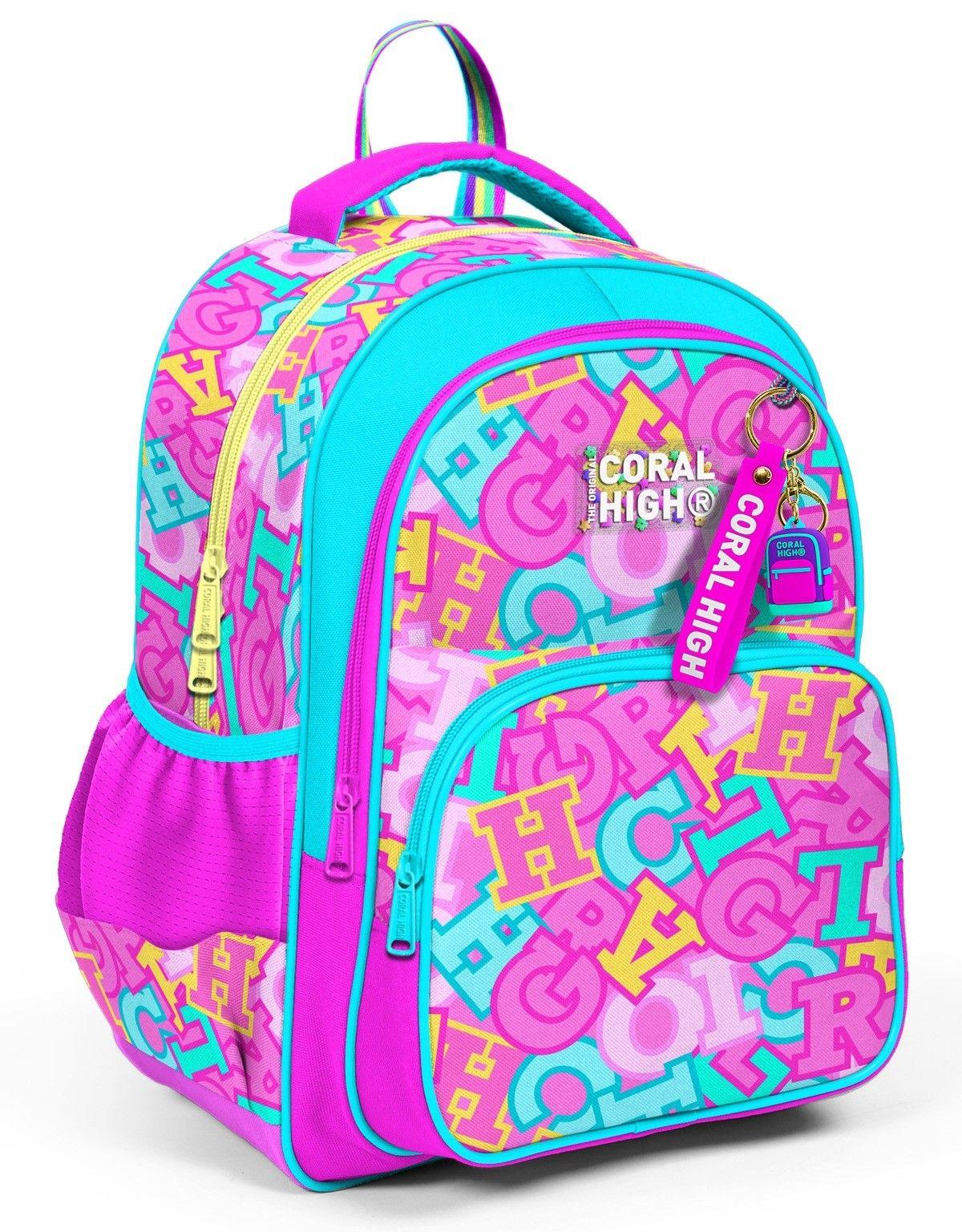 Coral High Üç Bölmeli İlkokul Okul Çantası - Kız Çocuk - Pembe Su Yeşili Harf Baskılı - 33241