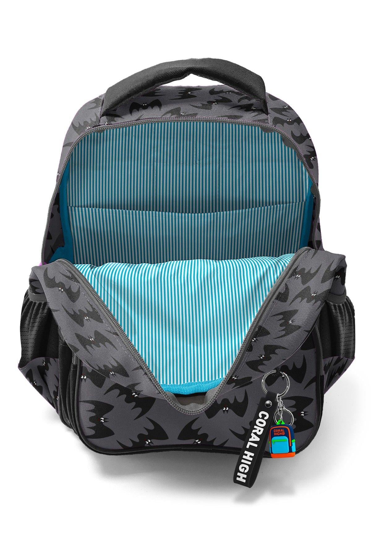 Coral High Üç Bölmeli İlkokul Okul Çantası - Erkek Çocuk - Siyah Yarasa Desenli - 33244