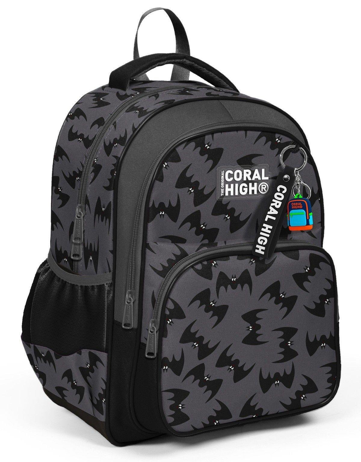 Coral High Üç Bölmeli İlkokul Okul Çantası - Erkek Çocuk - Siyah Yarasa Desenli - 33244