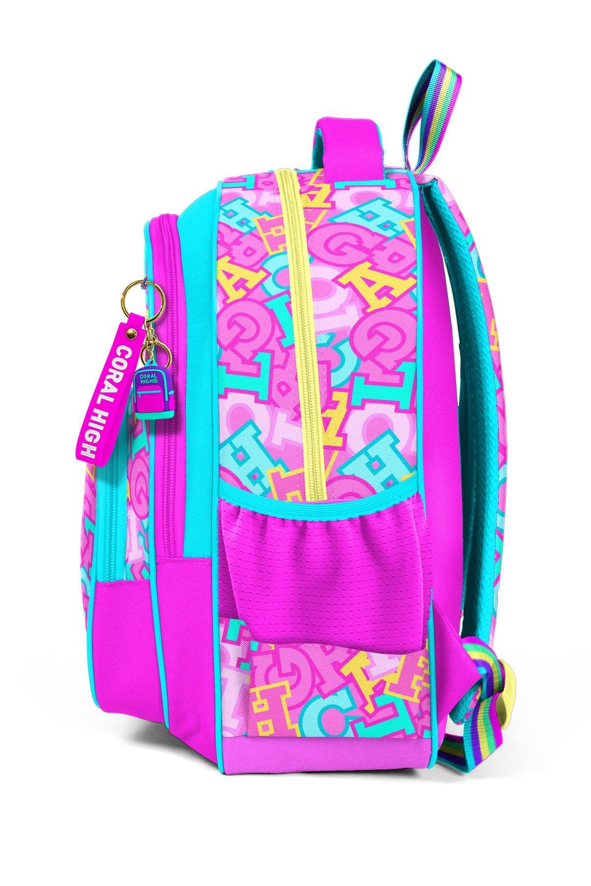 Coral High Üç Bölmeli İlkokul Okul Çantası - Kız Çocuk - Pembe Su Yeşili Harf Baskılı - 33241