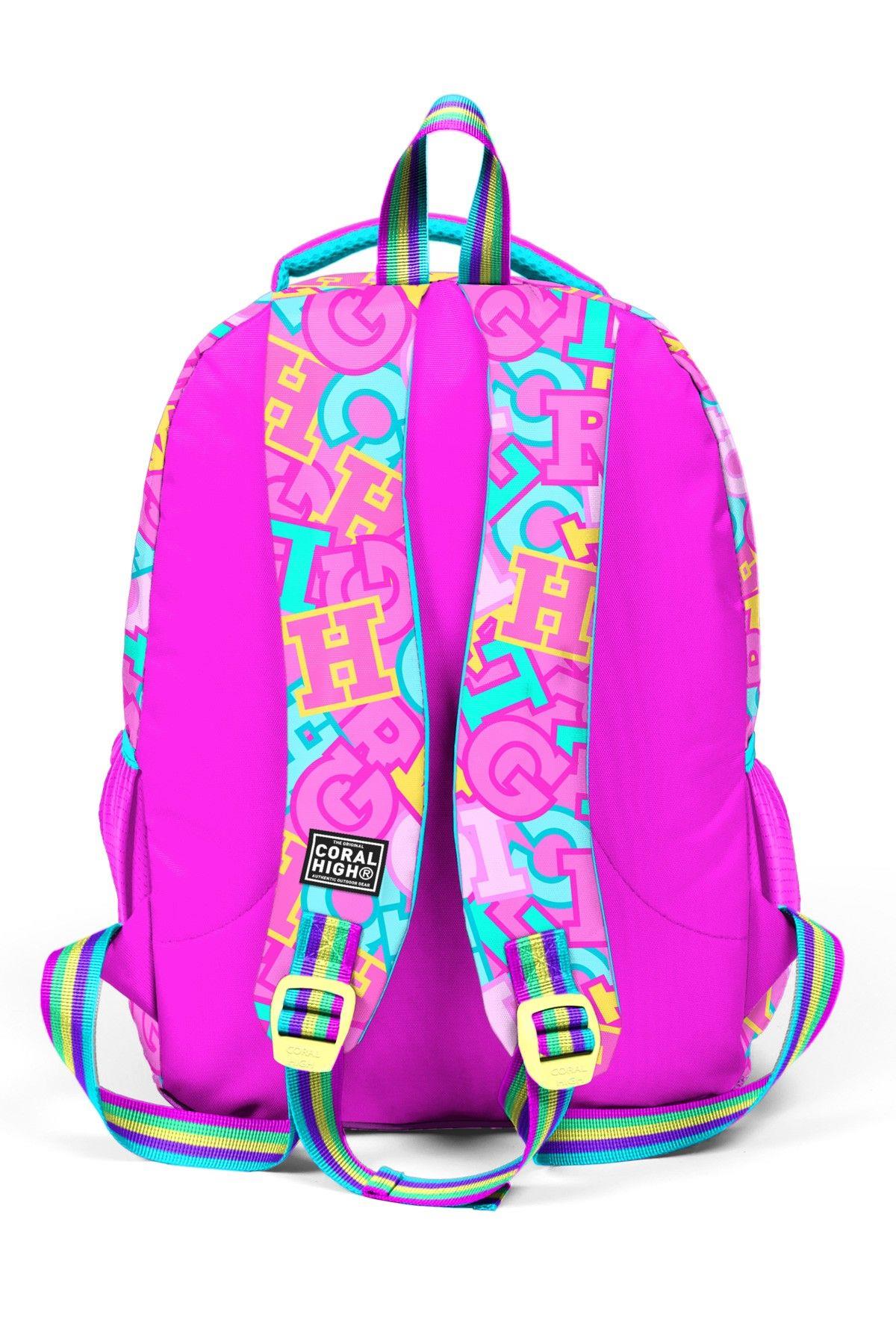 Coral High Üç Bölmeli İlkokul Okul Çantası - Kız Çocuk - Pembe Su Yeşili Harf Baskılı - 33241