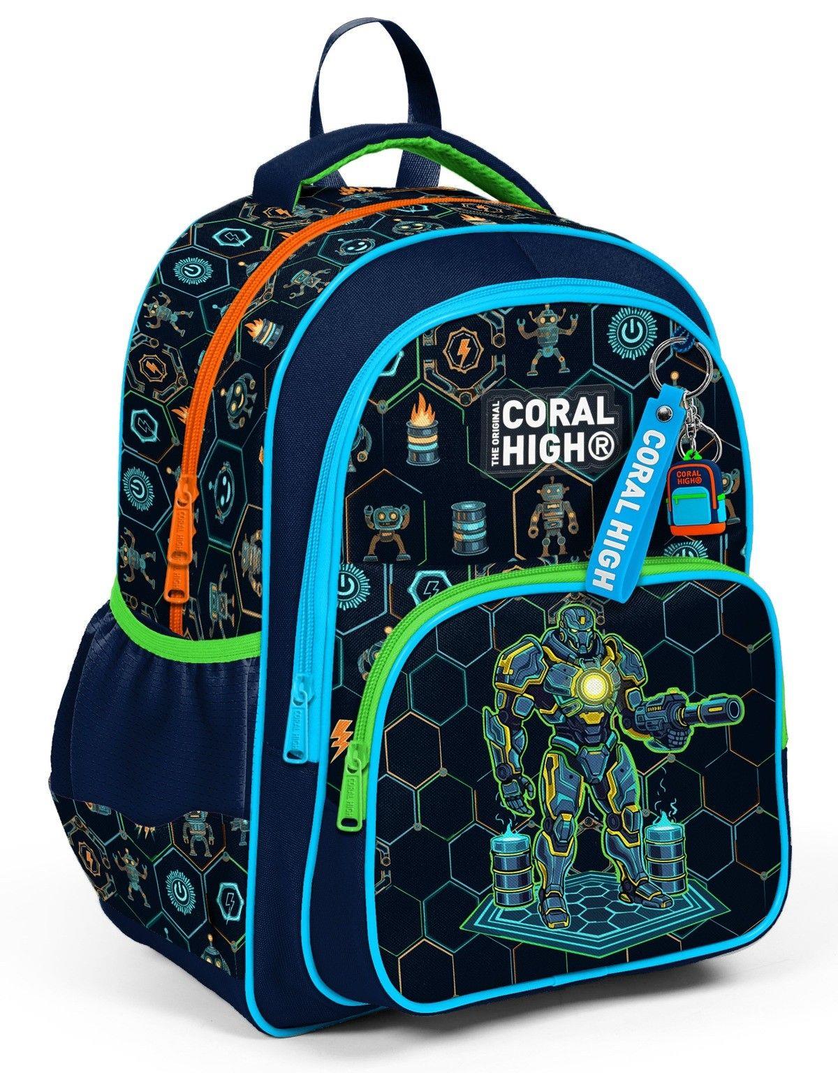 Coral High Üç Bölmeli İlkokul Okul Çantası - Erkek Çocuk - Lacivert Robot Baskılı - 33246