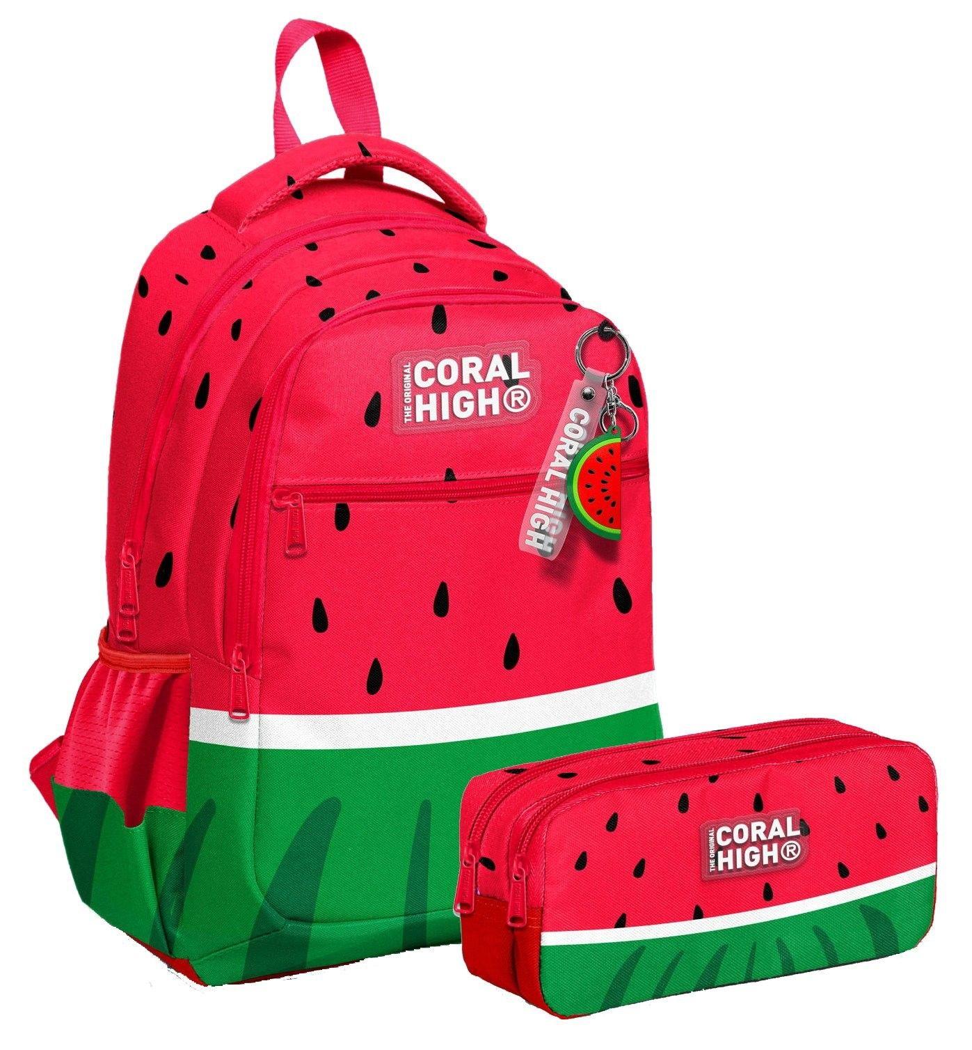 Coral High Üç Bölmeli İlkokul Sırt Çantası ve İki Bölmeli Kalemlik - Erkek Çocuk - Kırmızı Yeşil Karpuz