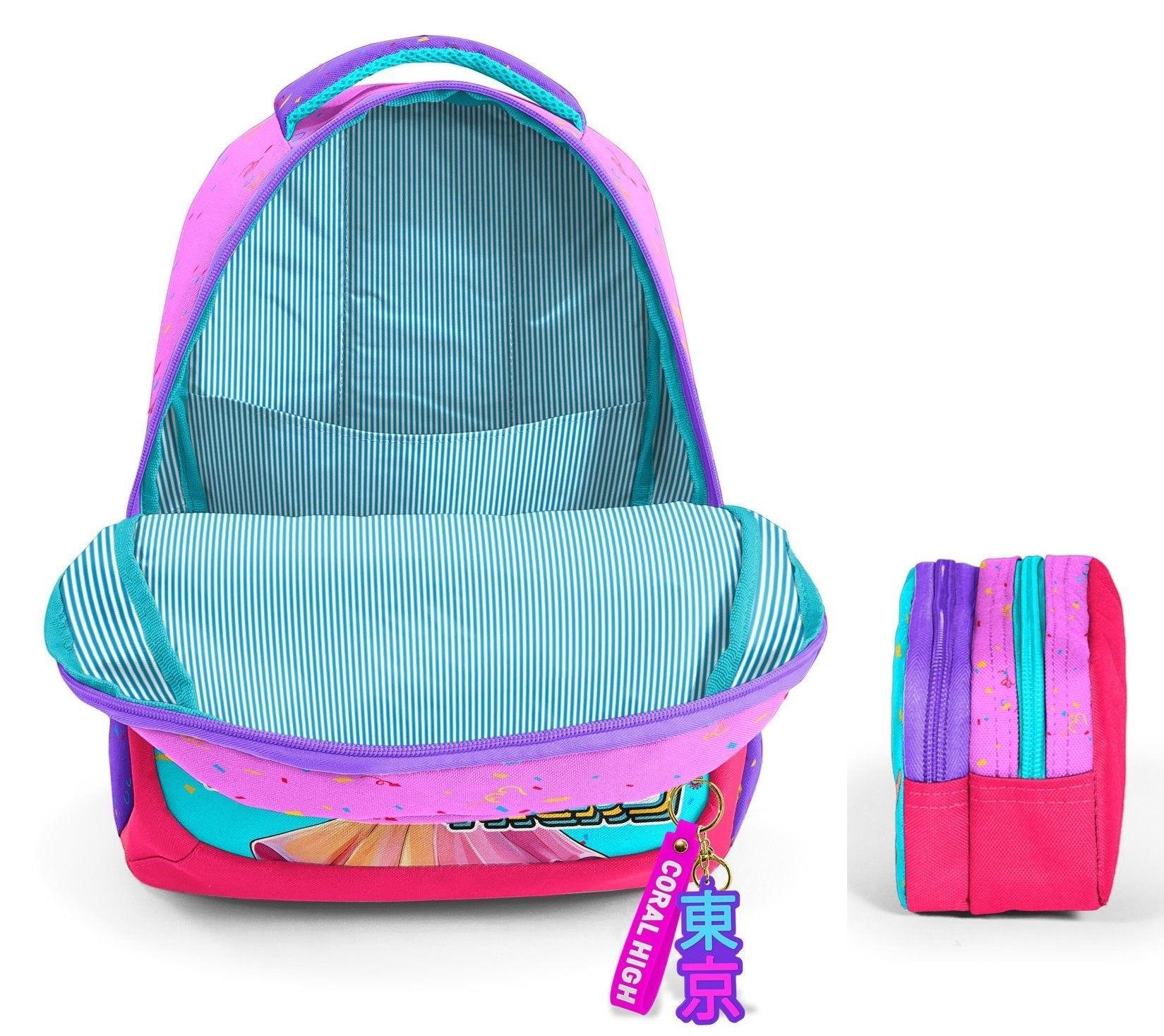 Coral High Üç Bölmeli İlkokul Sırt Çantası ve İki Bölmeli Kalemlik - Kız Çocuk - Pembe K-Pop Dondurmalı Kız