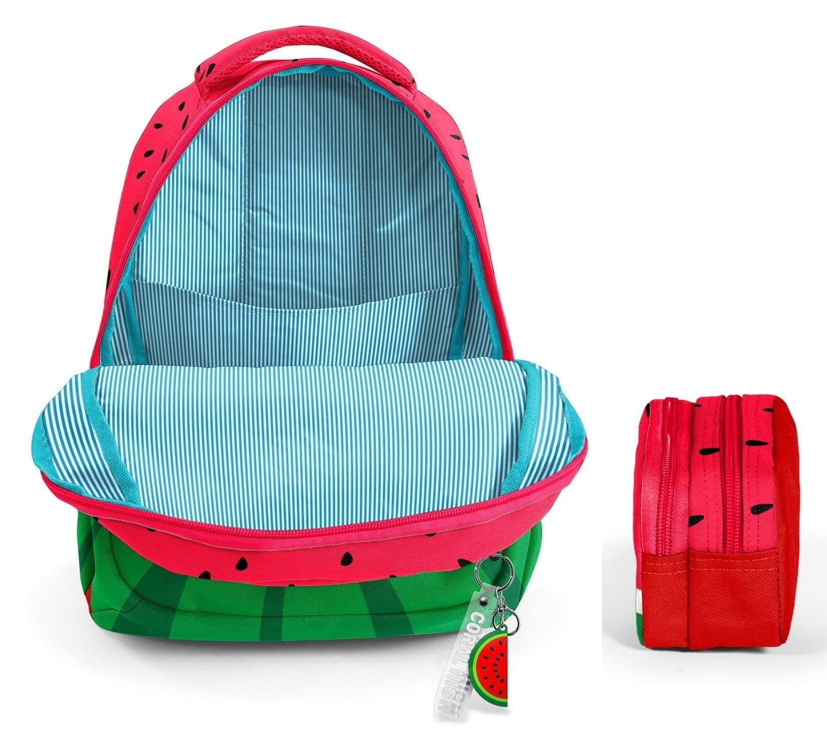 Coral High Üç Bölmeli İlkokul Sırt Çantası ve İki Bölmeli Kalemlik - Erkek Çocuk - Kırmızı Yeşil Karpuz
