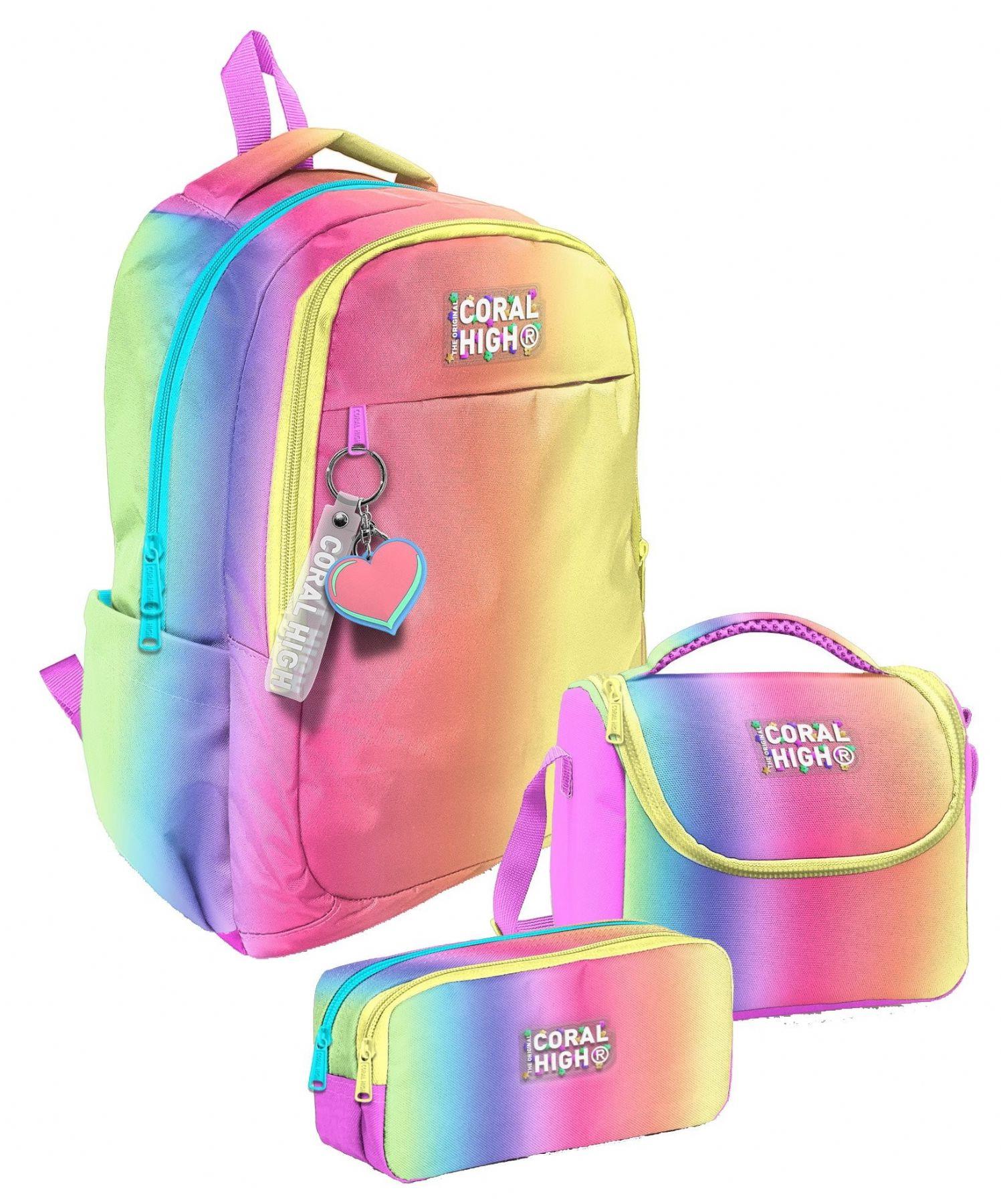 Coral High Üç Bölmeli Kız Çocuk, Lacivert Mavi Çizgi Desenli, İlkokul ve Ortaokul Üçlü Okul Çanta Seti