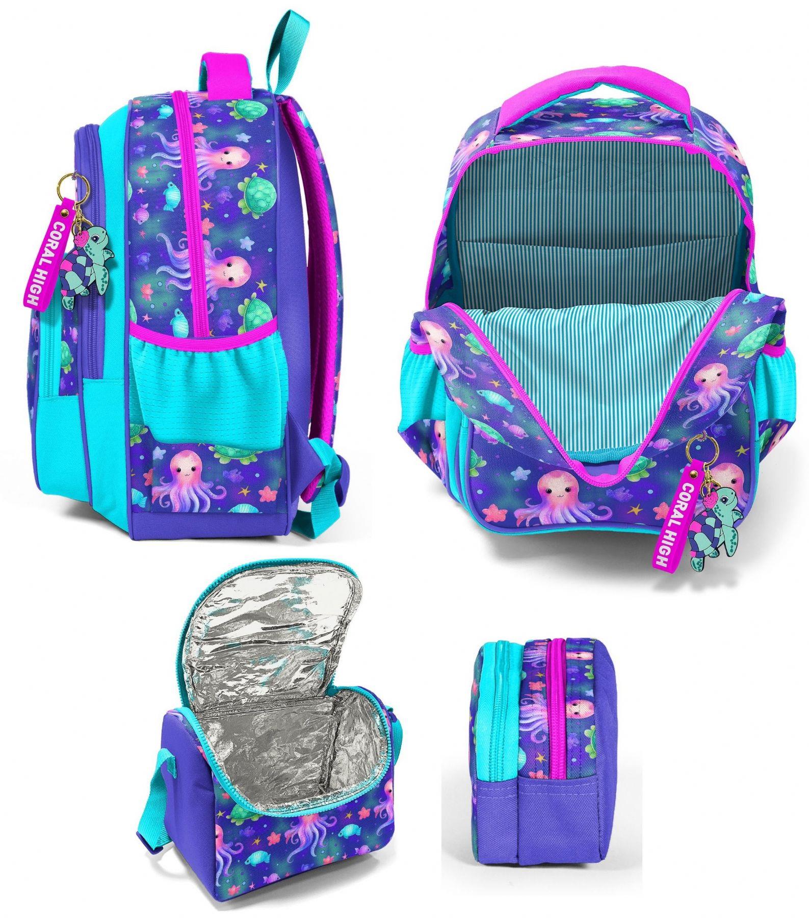 Coral High Üç Bölmeli Lavanta Turkuaz Deniz Anası, Kız Çocuk, İlkokul Üçlü Okul Çanta Seti
