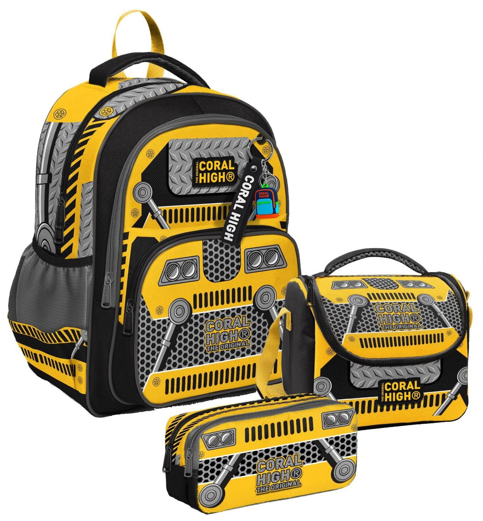 Coral High Üç Bölmeli Siyah Sarı Robot, Erkek Çocuk, İlkokul Üçlü Okul Çanta Seti
