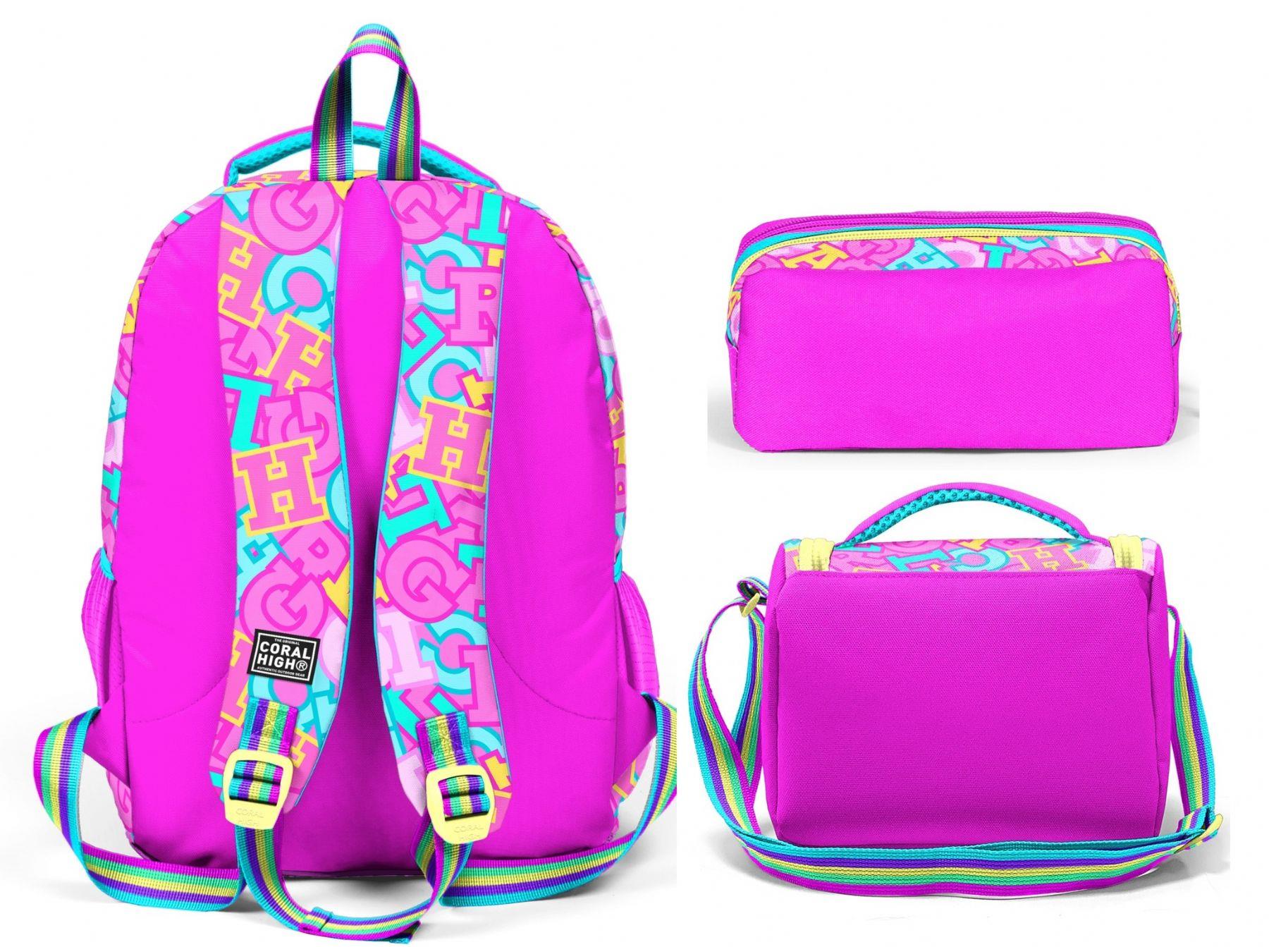 Coral High Üçlü Kız Çocuk İlkokul Okul Çantası Seti (Pembe Su Yeşili Harf Baskılı) SETYGN33241A