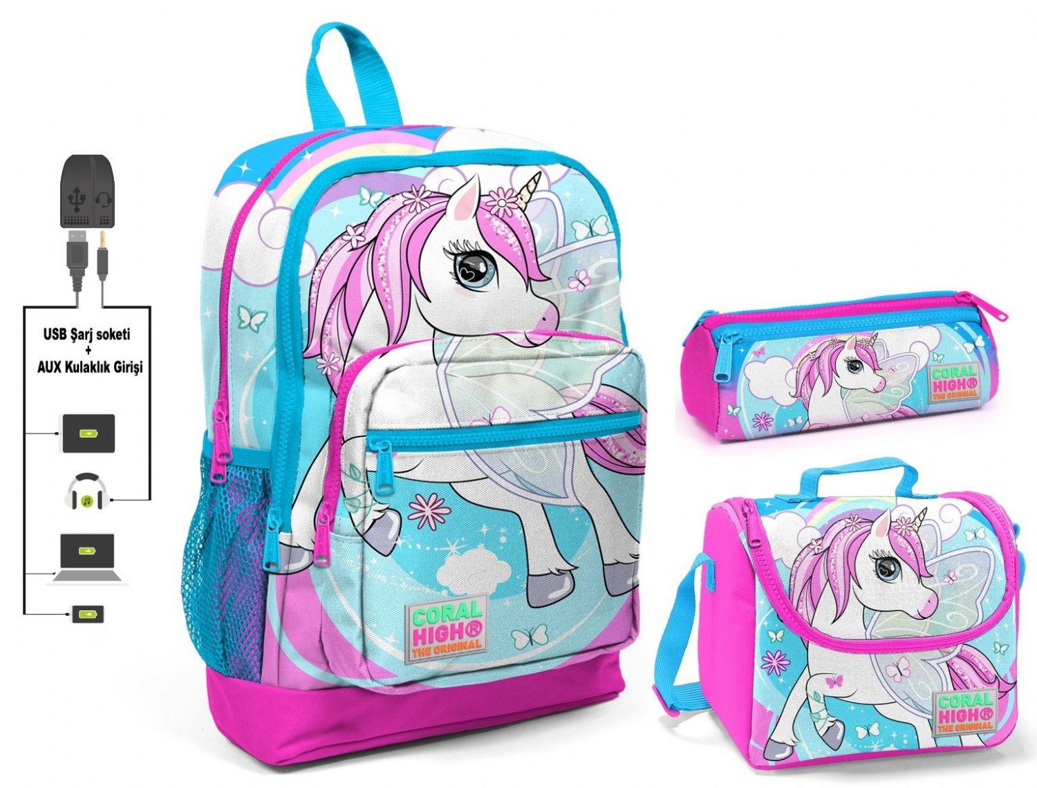 Coral High Unicorn Baskılı Kız Çocuk İlkokul Çanta Seti - USB Çıkışlı