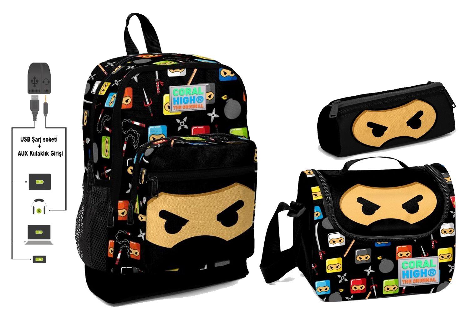 Coral High USB ve AUX Çıkışlı Okul Çanta Seti - Siyah Ninja Desenli