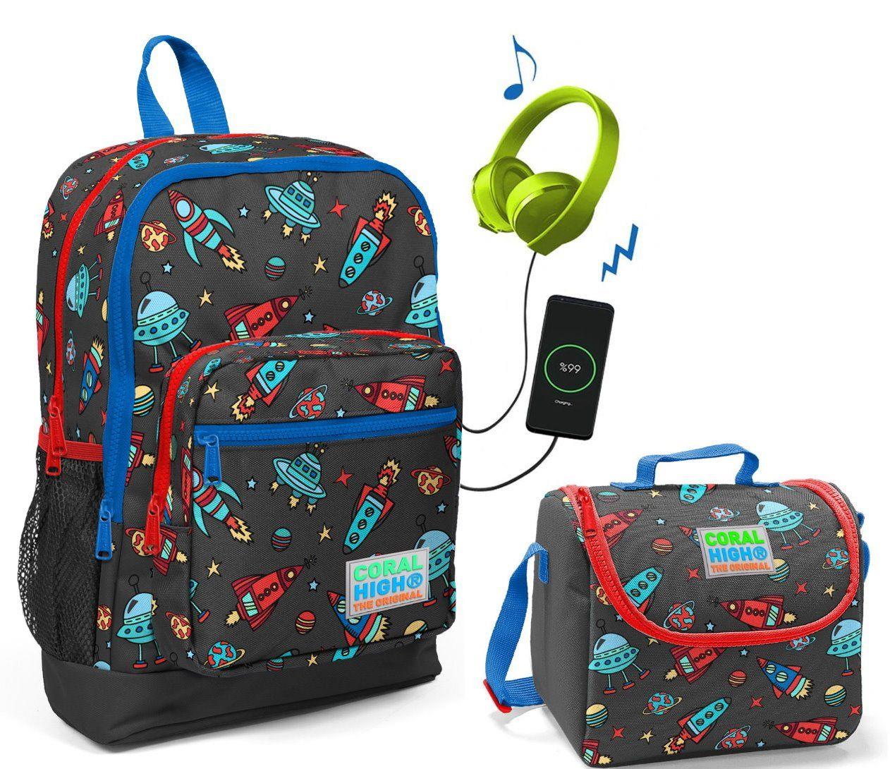 Coral High Uzay Baskılı Okul Çantası ve Beslenme Çantası Seti - USB Soketli