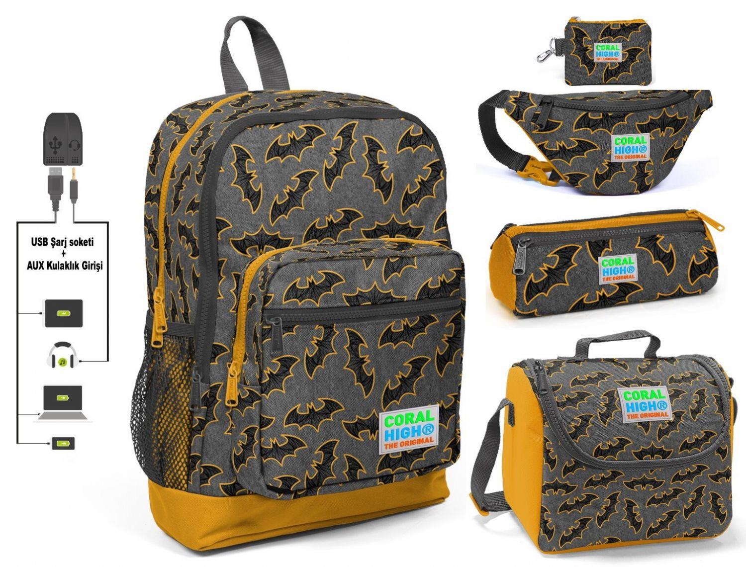 Coral High Yarasa Baskılı Erkek Çocuk İlkokul 5'li Çanta Seti - USB Soketli