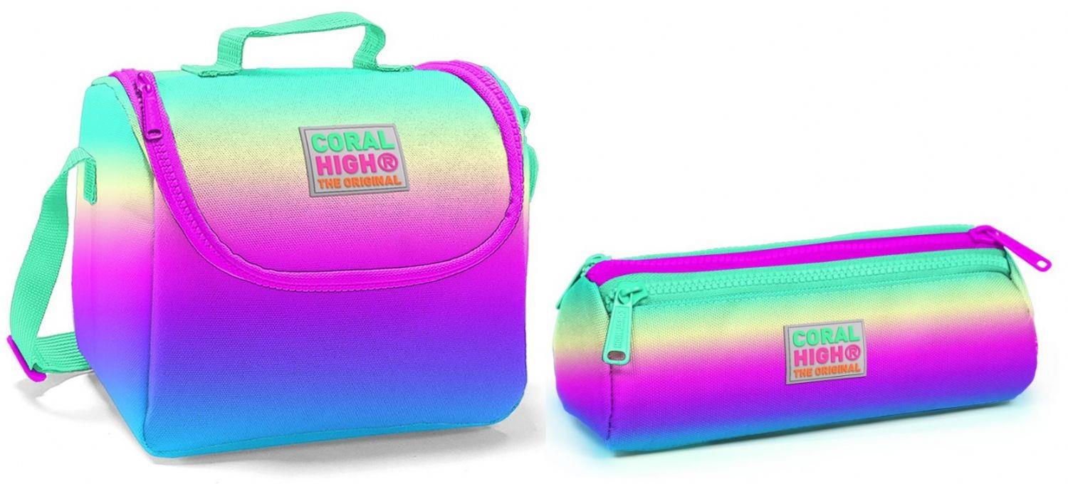 Coral High Yeşil- Mor-Pembe-Sarı Kız Çocuk Beslenme Çantası ve Kalemlik Seti - Thermo