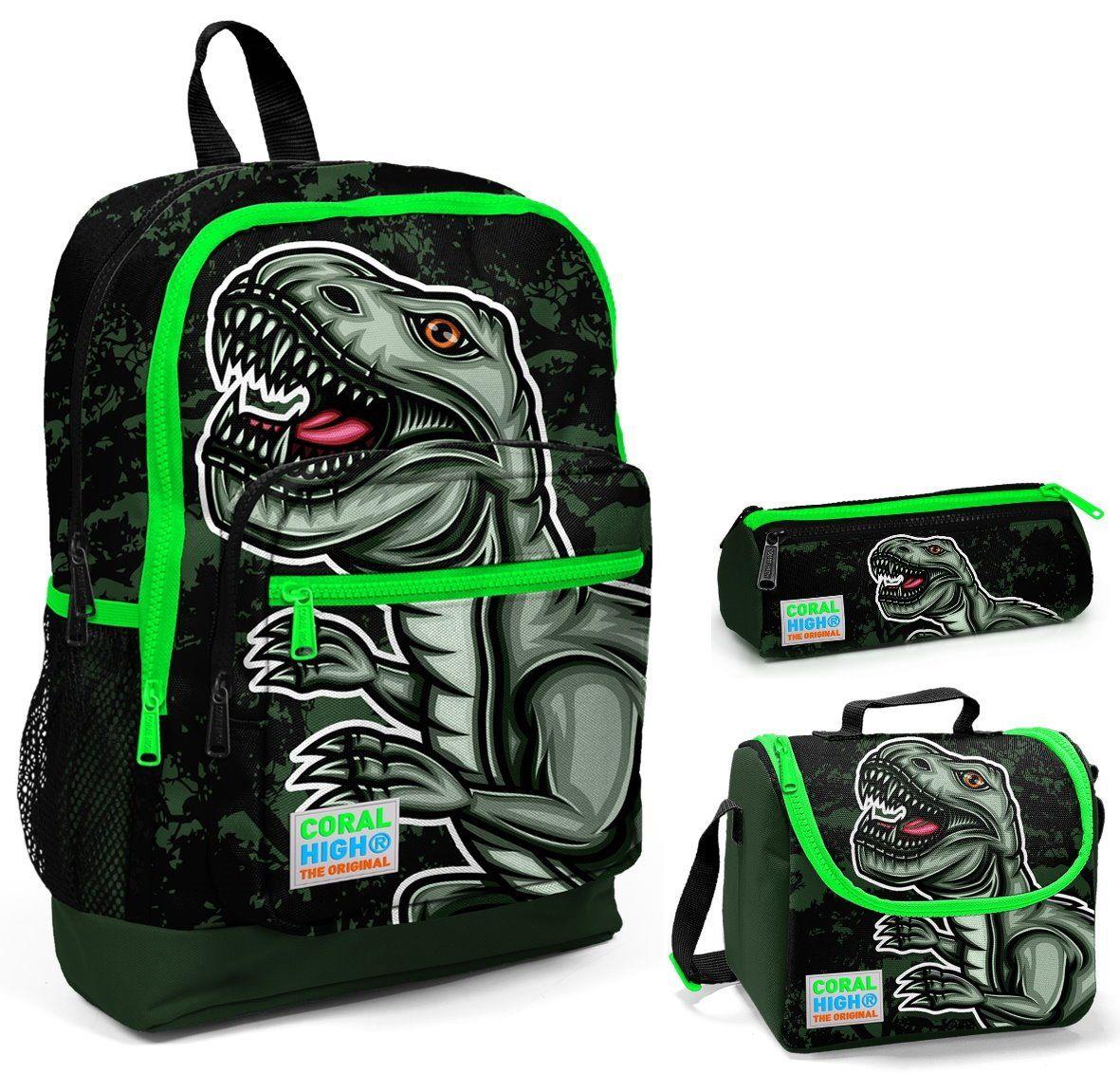 Coral High Yeşil Dinazor Baskılı Erkek Çocuk 3'lü İlkokul Çanta Seti