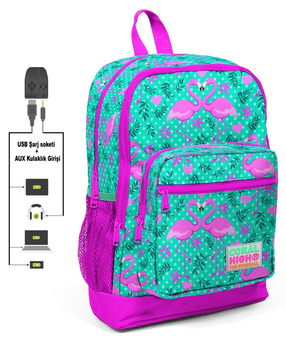 Coral High Yeşil Flamingo Baskılı İlkokul Sırt Çantası ve Kalemlik Seti - USB Soketli